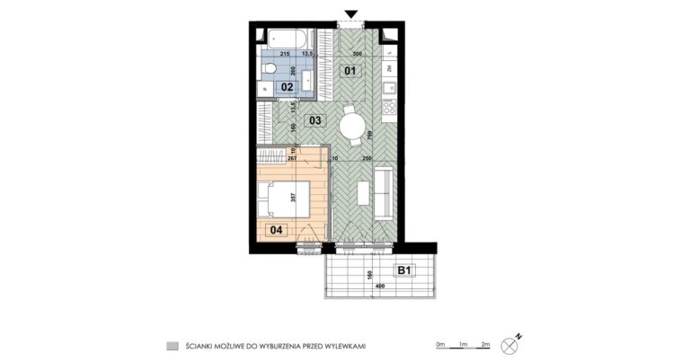 Mieszkanie ME 72: 2 pokoje, 40,23 m², 5. piętro, budynek E, salon z aneksem, sypialnia i balkon 6,40 m².