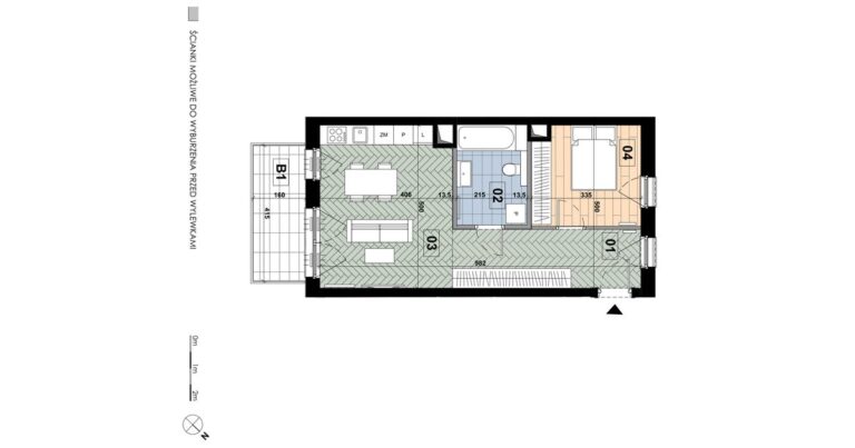 Mieszkanie ME 73: 2 pokoje, 46,88 m², 5. piętro, budynek E, salon z aneksem, sypialnia i balkon 6,64 m².