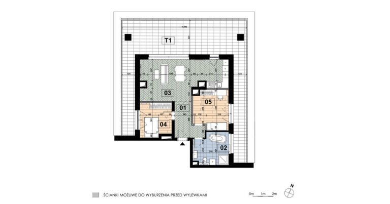 Mieszkanie ME 74: 3 pokoje, 69,49 m², 6. piętro, budynek E, salon z aneksem, 2 sypialnie i taras 62,26 m².