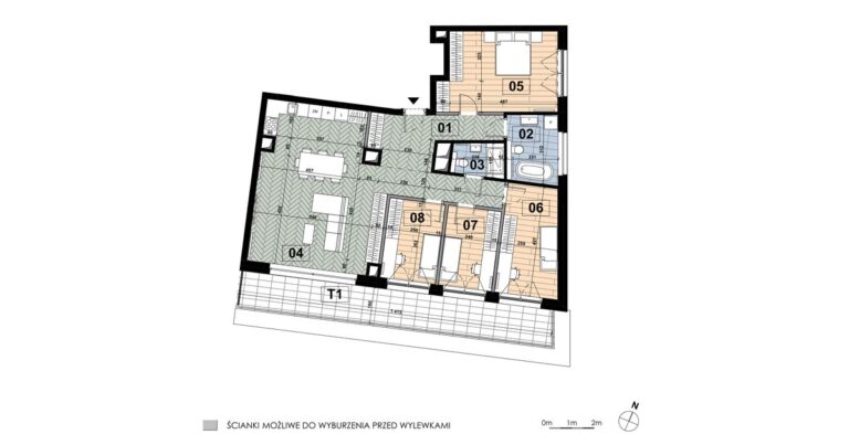 Mieszkanie ME 75: 5 pokoi, 115,49 m², 6. piętro, budynek E, salon z aneksem, 4 sypialnie i taras 22,67 m².